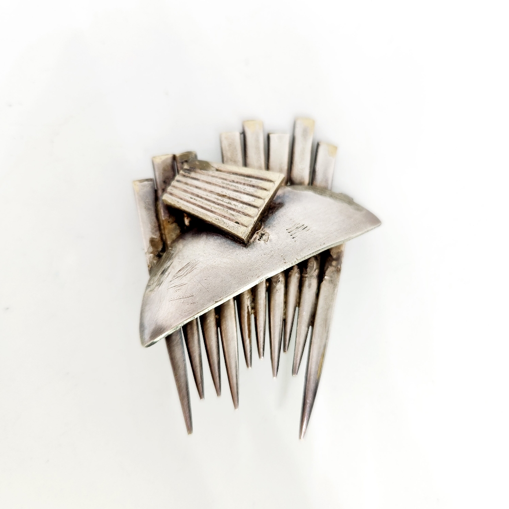 Huge Silver Tone Pewter Studio Artisan Post Modern Abstract Sculpture Brooch Pin
